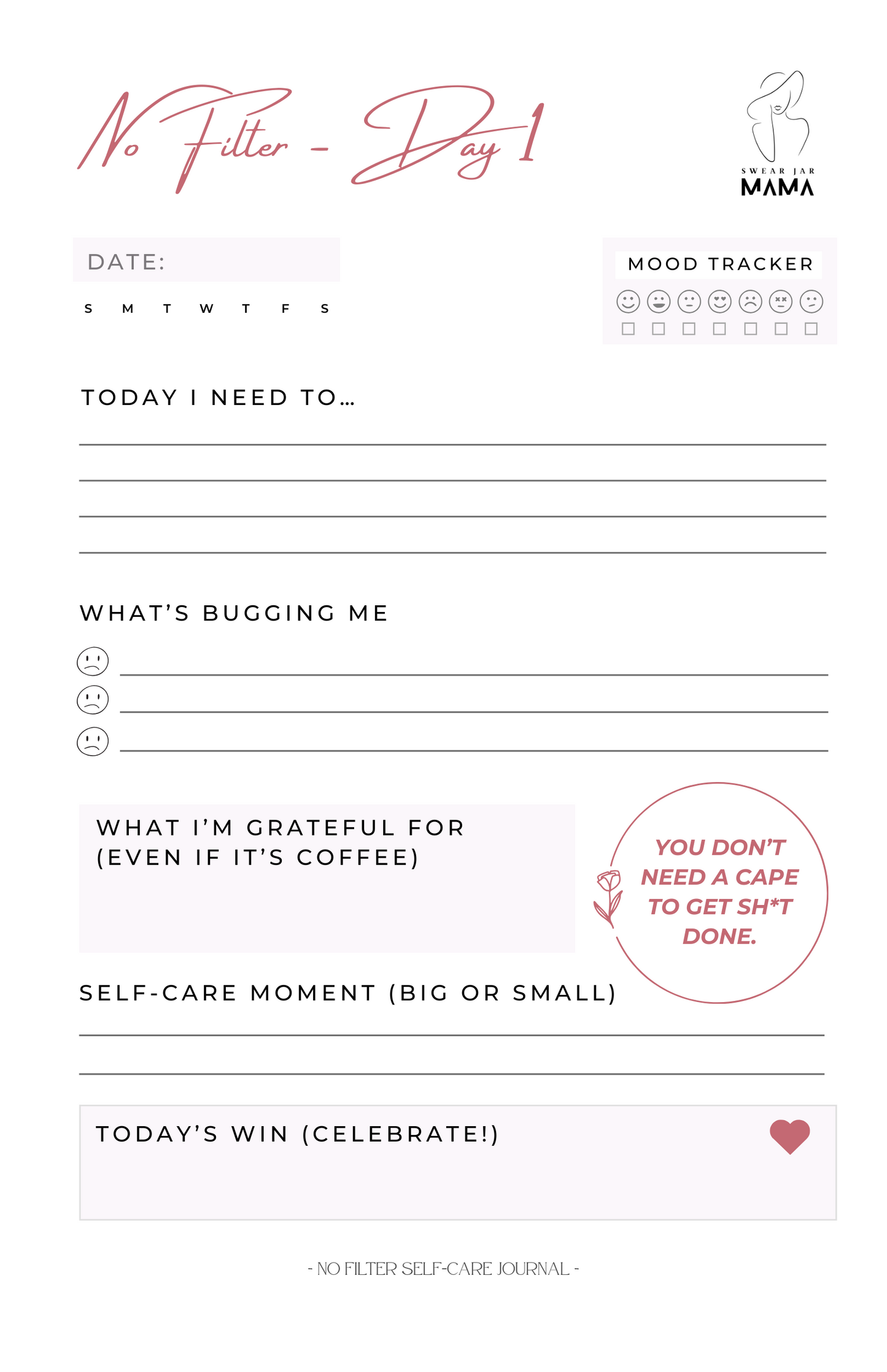 90-Day Cheeky Self-Care Journal PDF – No Filter Series by Swear Jar Mama | Motivational Printable Journal