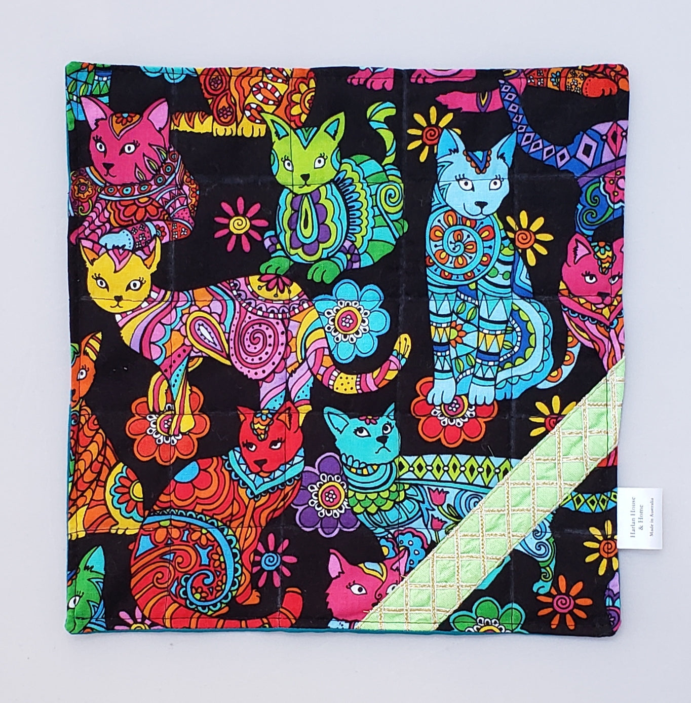 Tossed Colourful Cats Mug Mat with green trim - Harlan House & Home