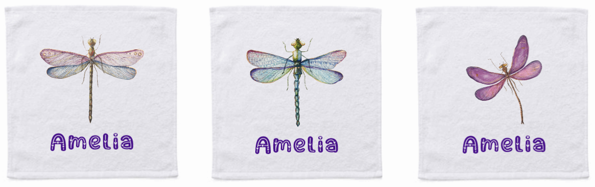 Set of 3 x Personalised Face Washers - Dragonflies