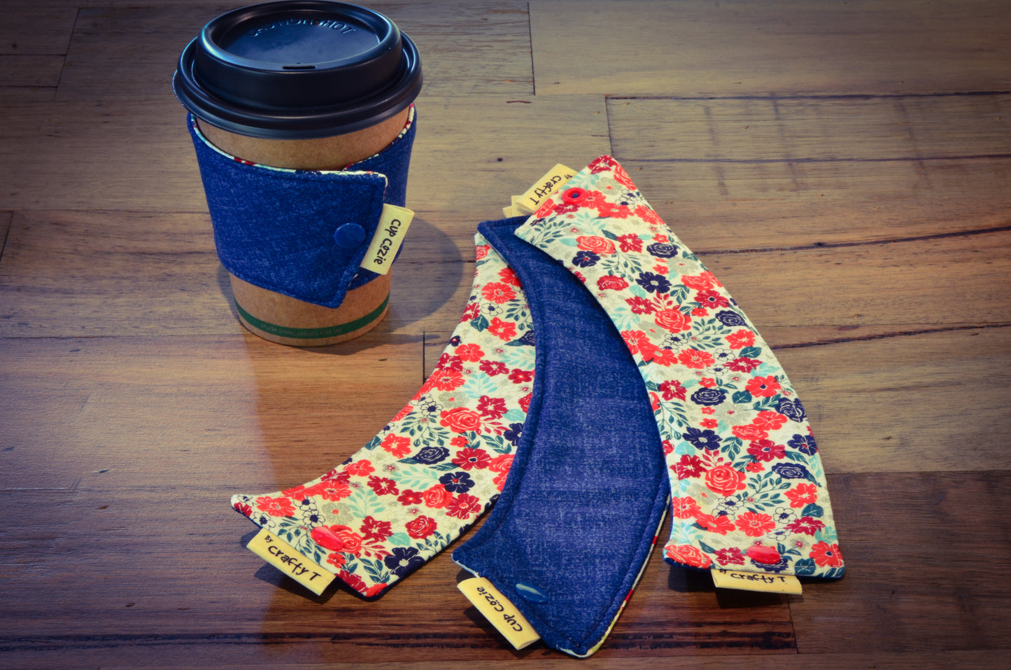 Cup Cozie: Denim cotton / Sparkle, red & blue flowers - Harlan House & Home