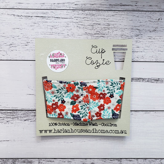 Cup Cozie: Denim cotton / Sparkle, red & blue flowers - Harlan House & Home